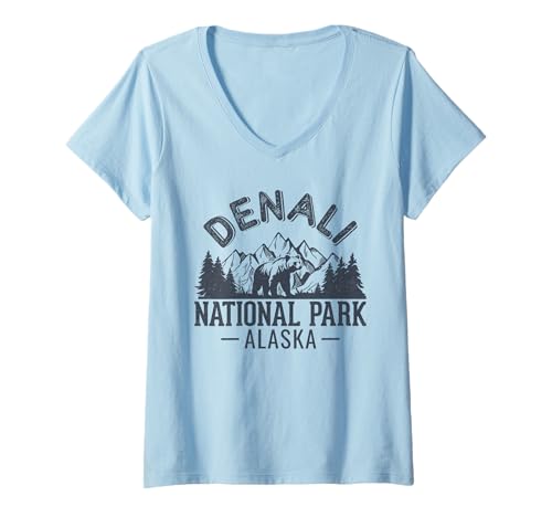 Damen Vintage-Mt. Denali-Nationalpark, Alaska-Berg T-Shirt mit V-Ausschnitt von Forever Denali National Park Alaska Shirts