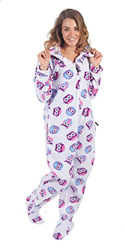 Forever Lazy Onesies für Erwachsene, Einteiler, Pyjama, Jumpsuits für Damen und Herren, Unisex, mit abnehmbaren Füßen., Eulen-Druck auf Weiß, XL von Forever Lazy