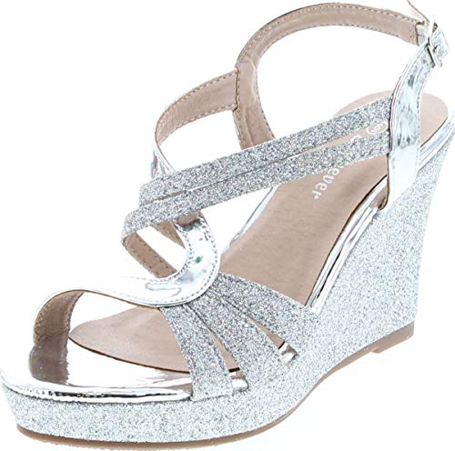 FOREVER FQ22 Damen Glitzer Riemchen gewickelt Keilabsatz Plateau Sandalen, silber, 38 EU von Forever Link