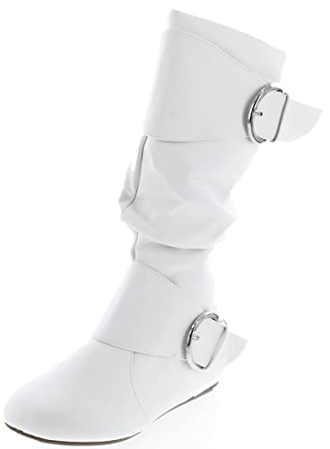 Forever Link Damen Geschlossene Runde Zehenschnalle Slouch Flache Ferse Mitte Wade Stiefel, Weiß - White Pu, 38.5 EU von Forever Link