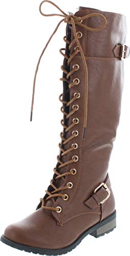 Forever Link Damen Riemchen Schnürstiefel kniehoch Kampf gestapelte Ferse Stiefel, Hellbraun, 39 EU von Forever Link