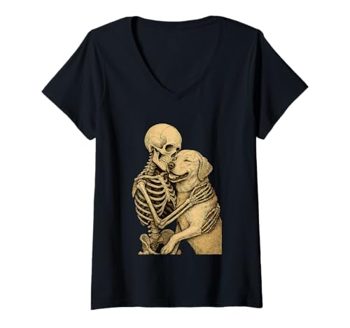 Damen Skelett umarmender Hund Gothic Pet Love T-Shirt mit V-Ausschnitt Damen Skelett umarmender Hund Gothic Pet Love T-Shirt mit V-Ausschnitt von Forever Loyal Art