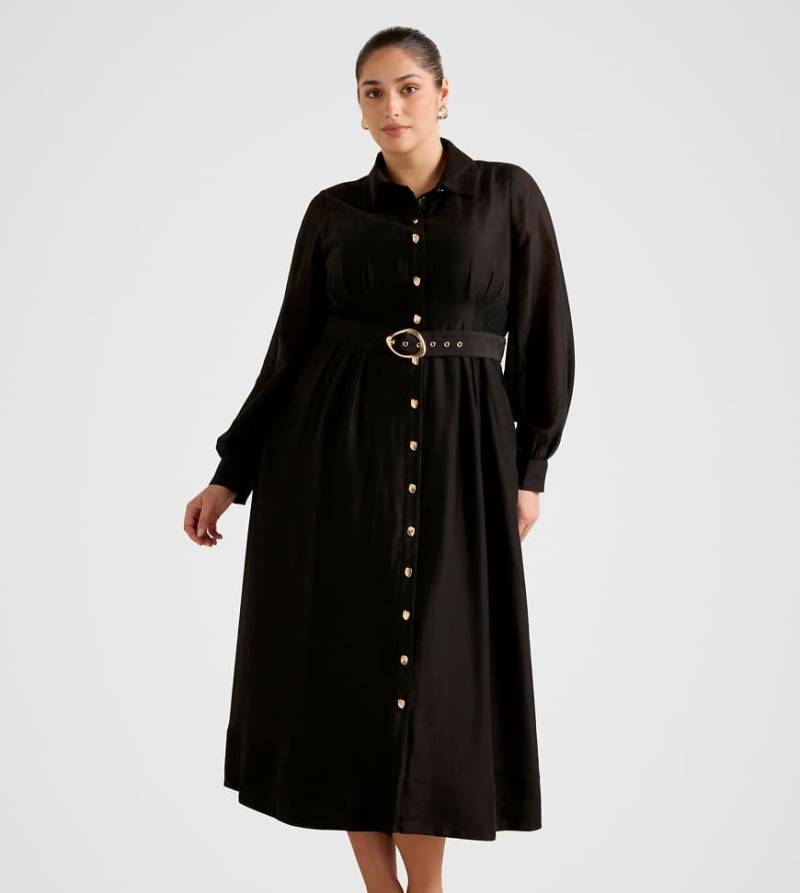 Forever New Curve - Evelyn - Midi-Hemdblusenkleid in Schwarz mit Ziernaht und Gürtel von Forever New Curve