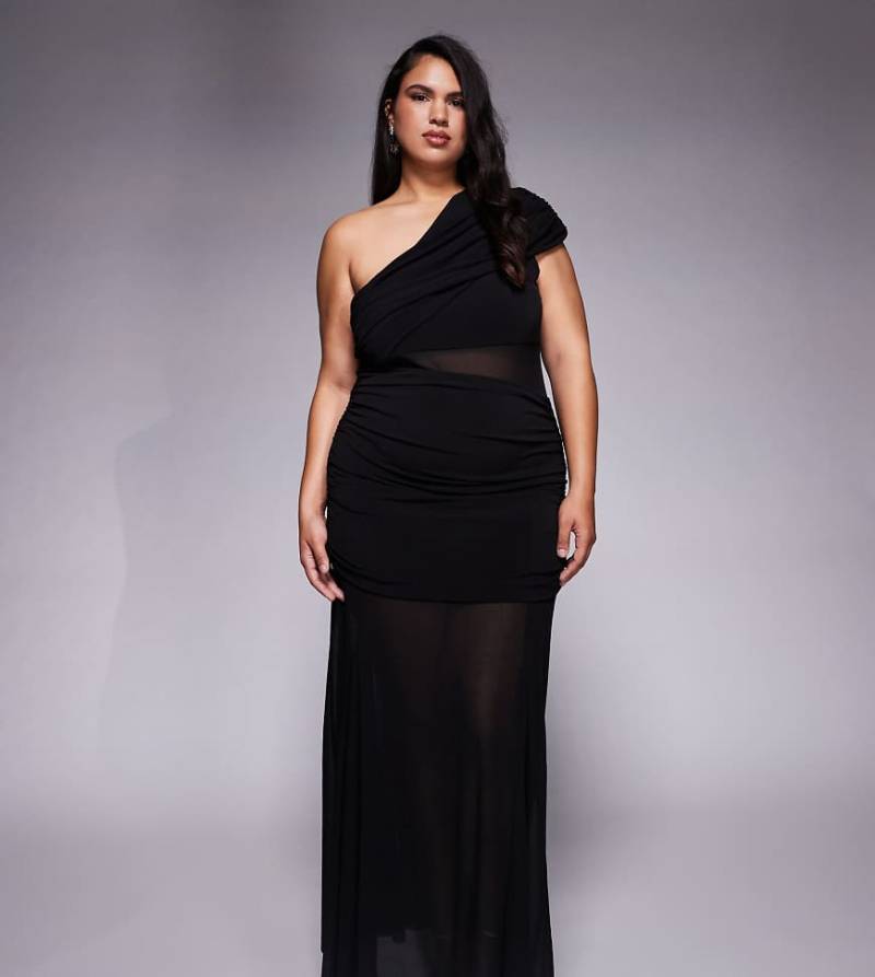 Forever New Curve - Harley - Maxikleid in Schwarz mit Netzstoff-Einsatz an der Taille, One-Shoulder-Design und durchscheinendem Rock von Forever New Curve