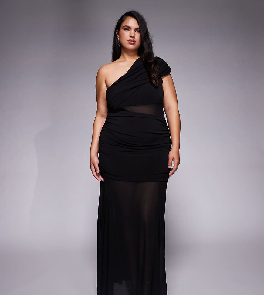 Forever New Curve - Harley - Maxikleid in Schwarz mit Netzstoff-Einsatz an der Taille, One-Shoulder-Design und durchscheinendem Rock von Forever New Curve