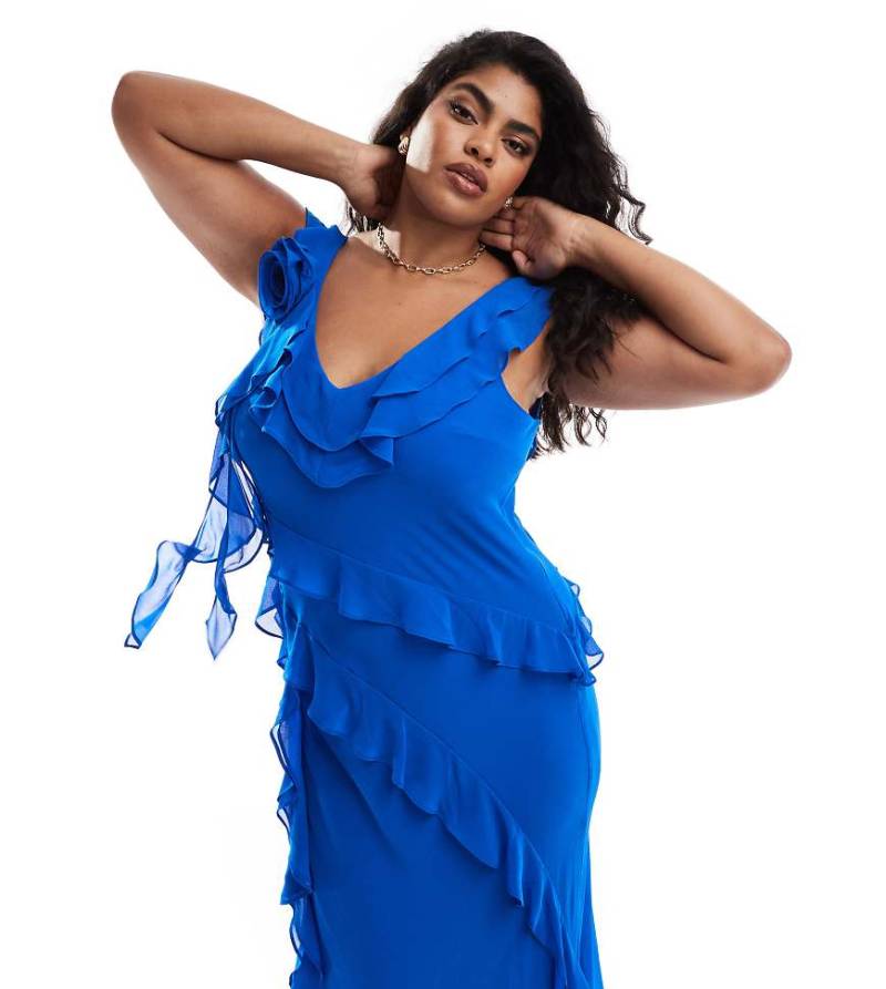 Forever New Curve - Wadenlanges, asymmetrisches Kleid in Kobaltblau mit Rüschen von Forever New Curve