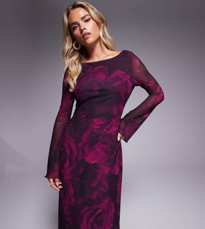 Forever New Petite - Langärmliges Maxi-Schlupfkleid aus Netzstoff in Pflaumenlila mit Rosenmuster-Rot von Forever New Petite