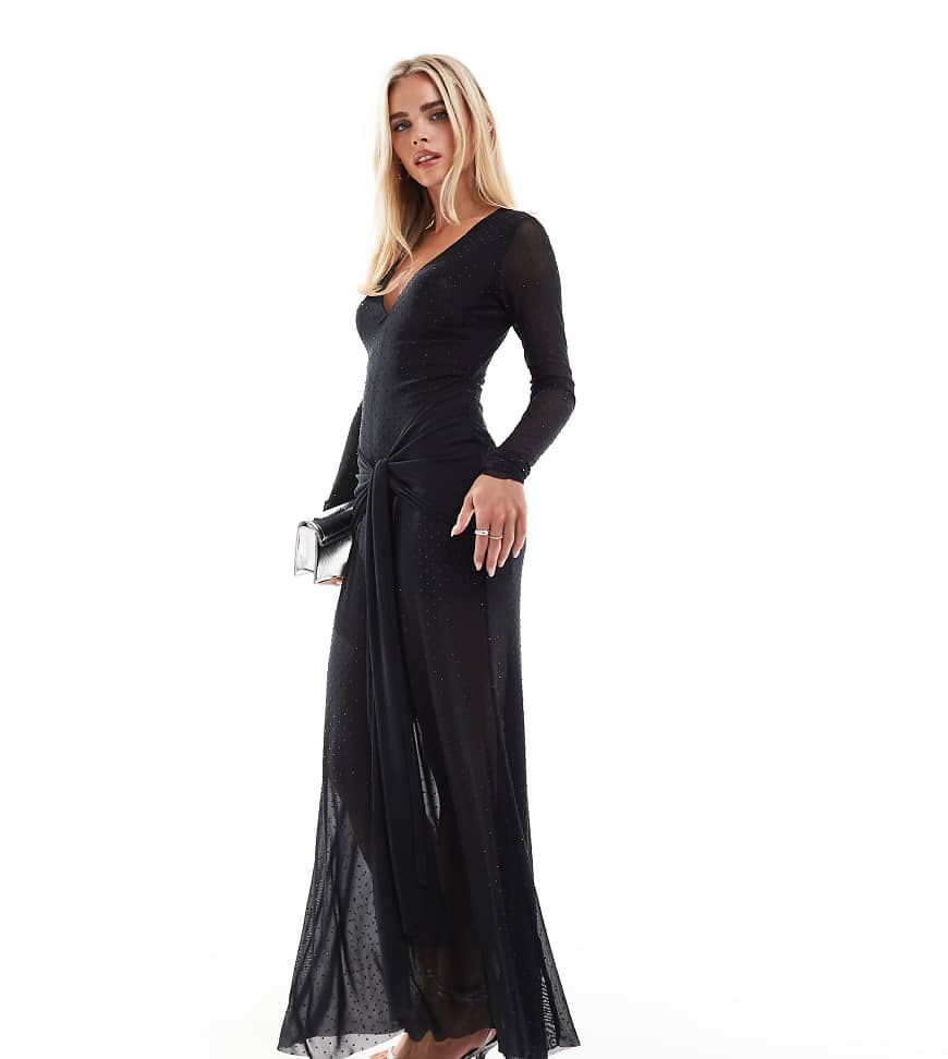 Forever New Petite - Langärmliges Maxikleid in Schwarz mit tiefem Ausschnitt und Strassbesatz von Forever New Petite