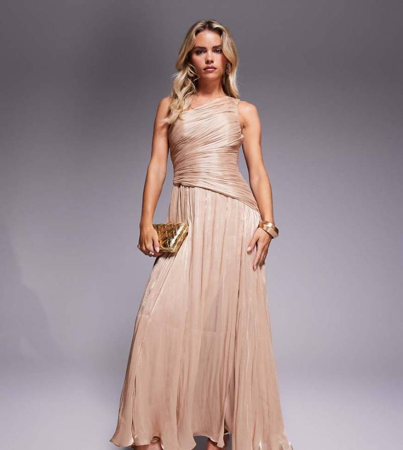 Forever New Petite - Maxikleid in Metallic-Gold mit One-Shoulder-Träger und tiefem Saum-Goldfarben von Forever New Petite