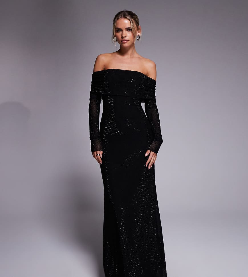 Forever New Petite - Anschmiegsames Maxikleid in Schwarz mit Strassverzierung und umgeschlagenem Carmen-Ausschnitt von Forever New Petite