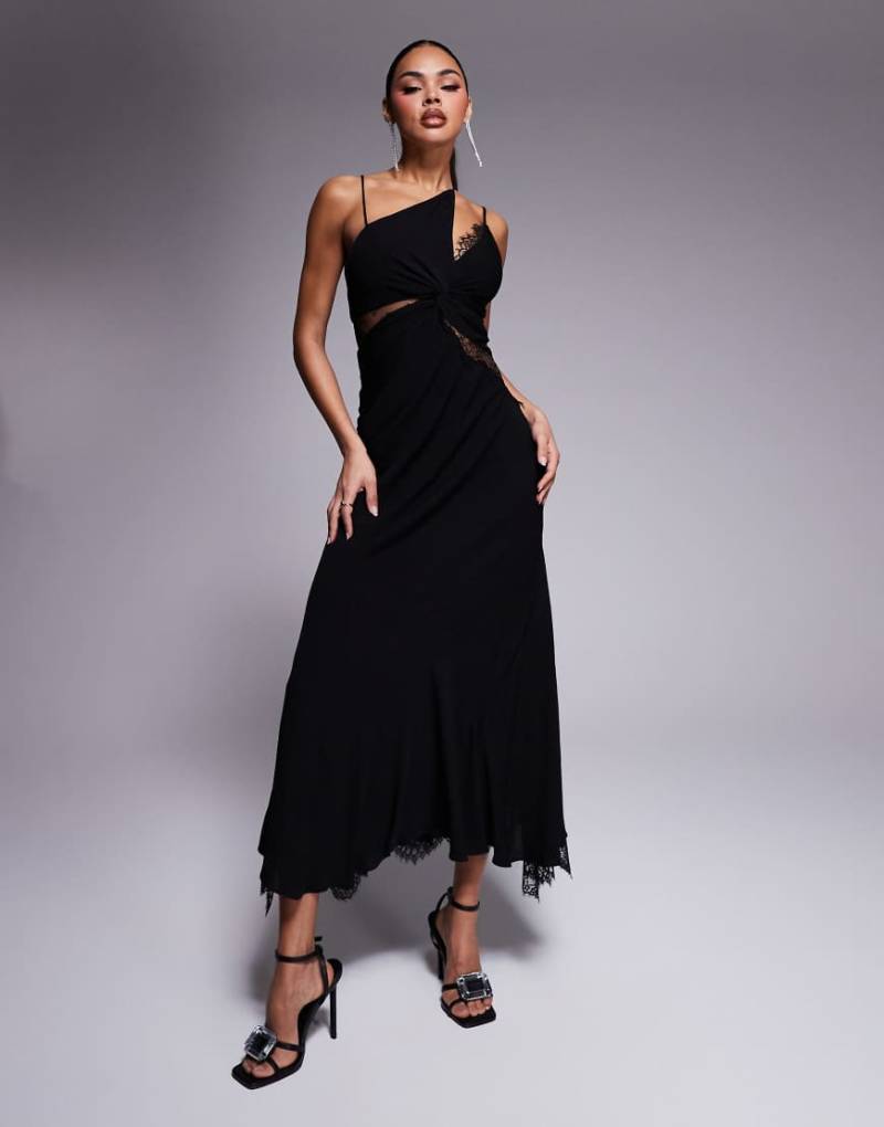 Forever New - Asymmetrisches Spitzen-Maxikleid in Schwarz mit gespleißtem Design von Forever New