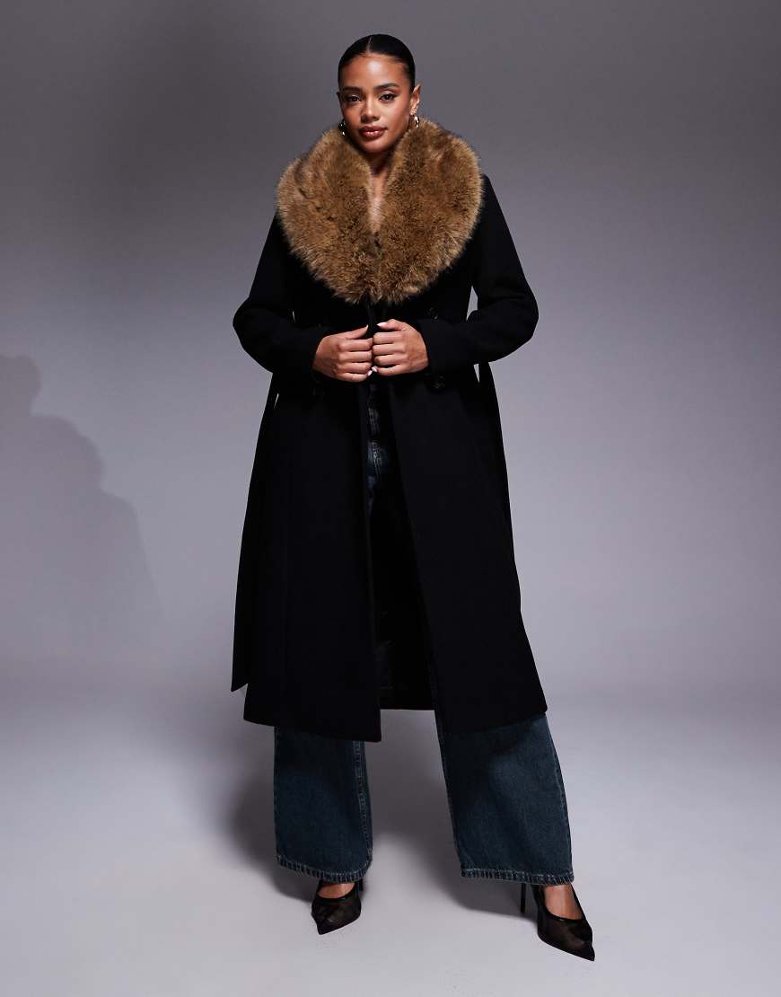 Forever New - Eleganter Mantel aus Wollmix in Schwarz mit abnehmbarem Kunstpelz-Kragen in Kamelbraun von Forever New