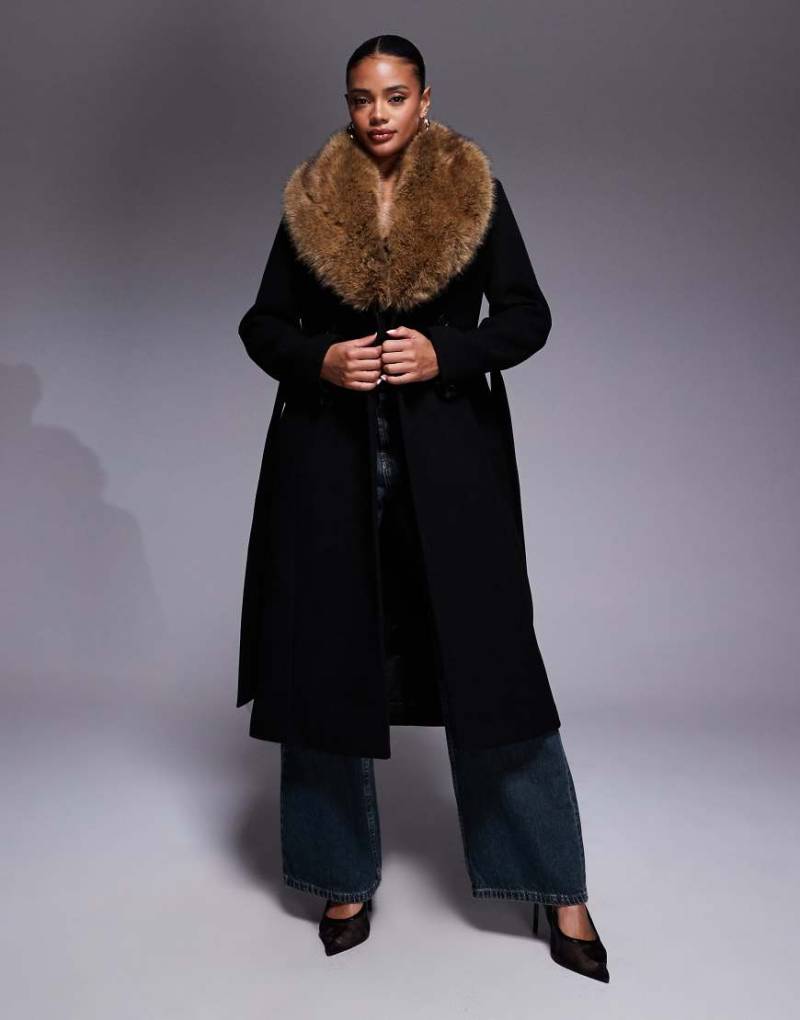 Forever New - Eleganter Mantel aus Wollmix in Schwarz mit abnehmbarem Kunstpelz-Kragen in Kamelbraun von Forever New