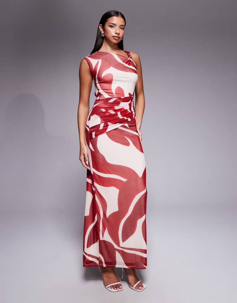 Forever New - Karina - Maxikleid aus Netzstoff in Rot mit abstraktem Muster und Zierknoten vorne-Bunt von Forever New