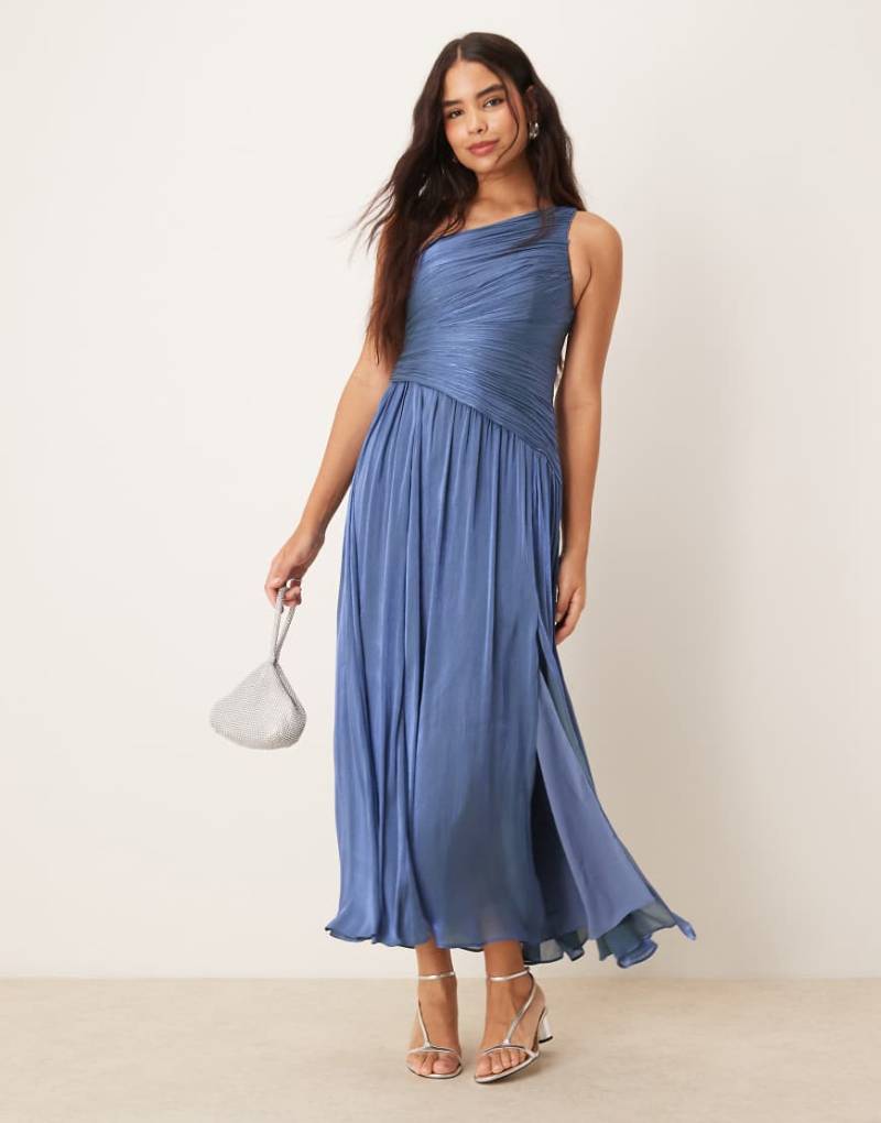 Forever New - Maxikleid in Metallic-Blau mit One-Shoulder-Träger und tiefem Saum von Forever New