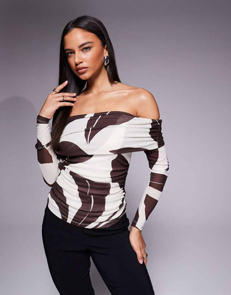 Forever New - Mia - Schulterfreies Oberteil aus Netzstoff in Braun mit abstraktem Muster, Kombiteil-Brown von Forever New