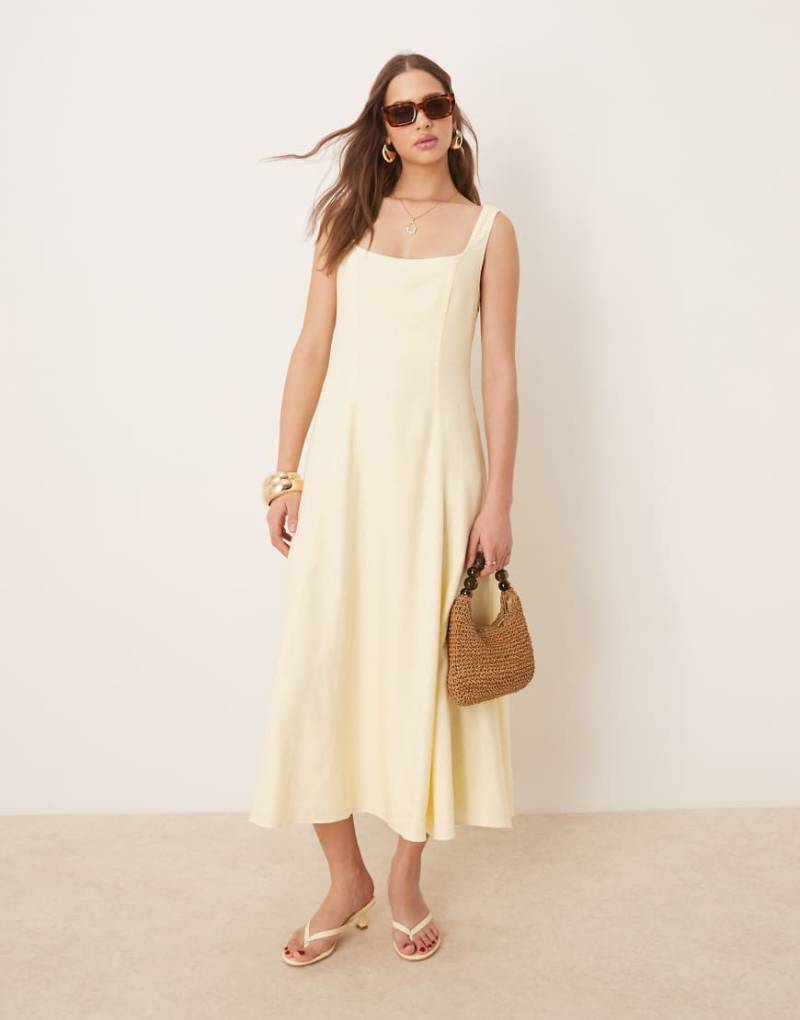 Forever New - Midaxi-Kleid aus Leinen in Zitronengelb mit Kontrastnaht von Forever New