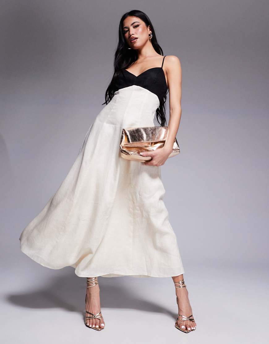 Forever New - Midaxi-Kleid aus Leinen mit Kontrastdesign in Cremeweiß und Schwarz von Forever New