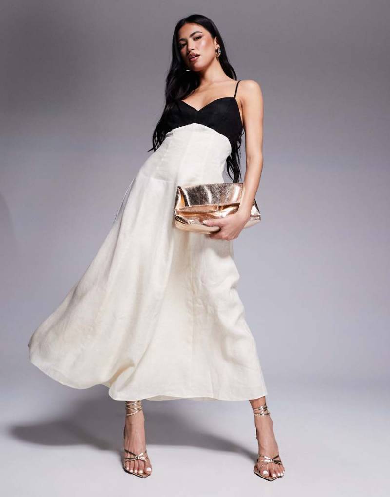 Forever New - Midaxi-Kleid aus Leinen mit Kontrastdesign in Cremeweiß und Schwarz von Forever New