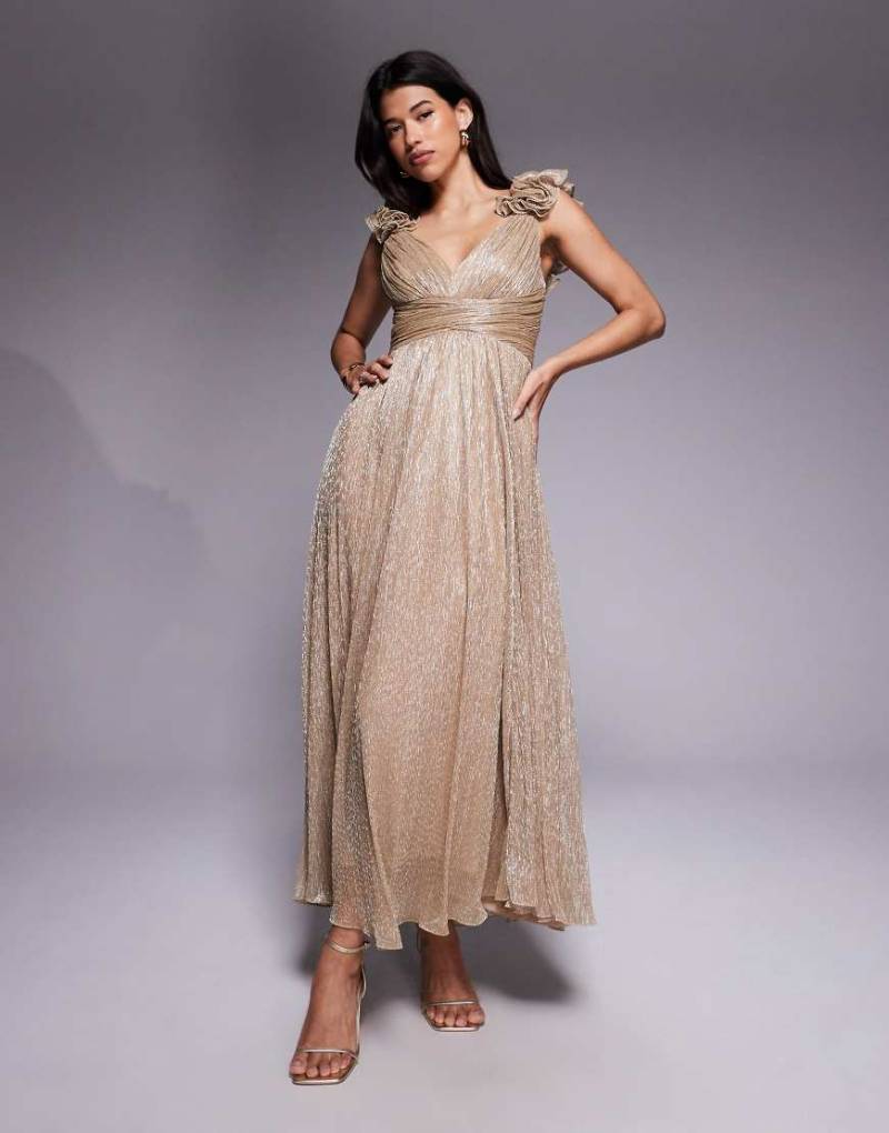 Forever New - Plissiertes Midaxi-Kleid in Gold mit gerüschter Schulterpartie-Goldfarben von Forever New