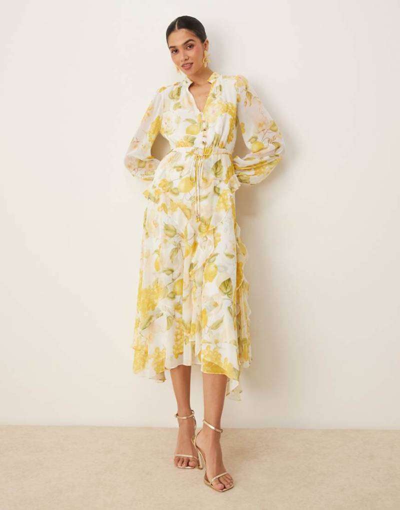 Forever New - Wadenlanges Kleid mit asymmetrischen Rüschen und Zitronenprint-Gelb von Forever New