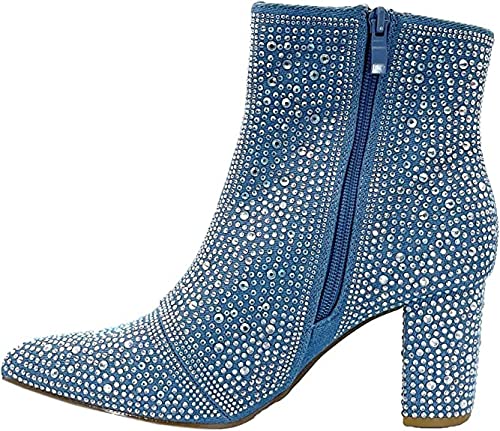 Damen-Stiefelette mit Strasssteinen, klobiger Absatz, Blauer Jeans-Strass, 42 EU von Forever