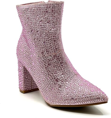 Damen-Stiefelette mit Strasssteinen, klobiger Absatz, Rosa Strass, 40.5 EU von Forever