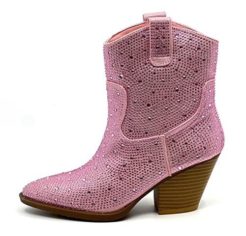 Damen-Stiefelette mit Strasssteinen, klobiger Absatz, Rosa Strass-01, 38.5 EU von Forever