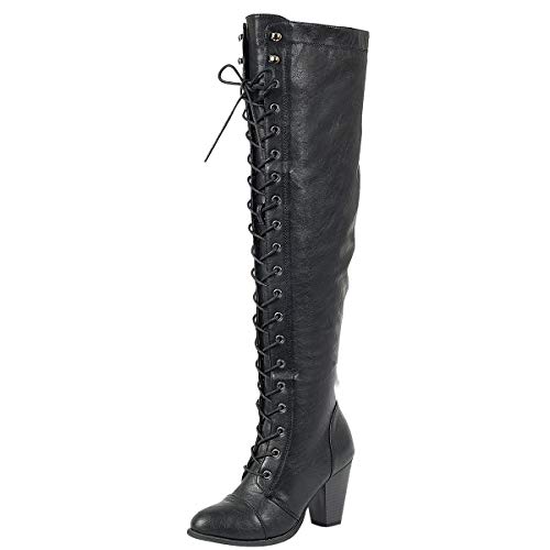 Forever Damen Stiefel mit hohem Absatz zum Schnüren über dem Knie, Schwarz (Schwarz (Black Pu)), 42 EU von Forever