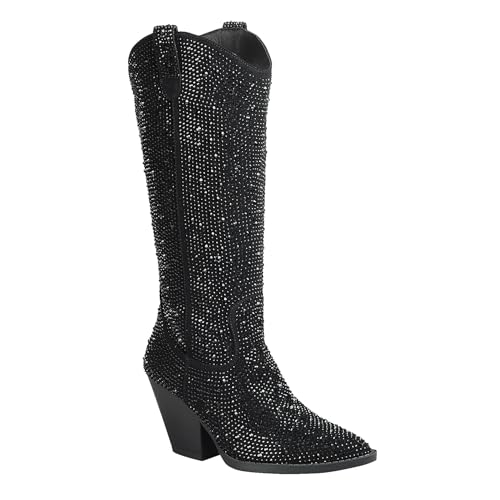 Forever Damen Strass Western Cowboy Spitze Zehe Kniehohe Schlupfstiefel, Schwarz, 37.5 EU von Forever