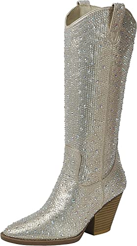 Forever Westernstiefel für Damen, Cowboystiefel, spitzer Zehenbereich, kniehoch, zum Überziehen, Champagner Strass, 38.5 EU Forever Westernstiefel für Damen, Cowboystiefel, spitzer Zehenbereich, kniehoch, zum Überziehen, Champagner Strass, 38.5 EU von Forever