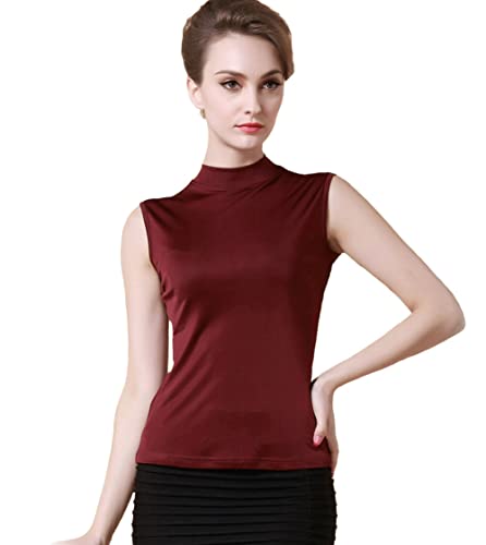 ForeverAngel Damen ärmelloses Shirt mit Halbkragen Basic-Top mit Rollkragen 100% Reine Seide Bordeaux Größe M von ForeverAngel