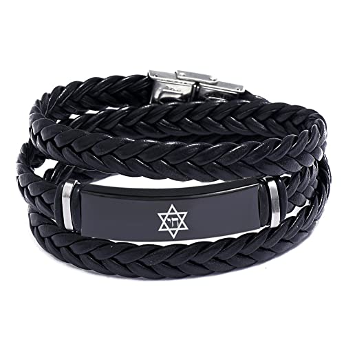 ForeverWill Damen Herren Stern von David Geschichteter Wickel Leder Armband Armreif Hebräisch Chai Amulett Jüdisch Christlich Schmuck Geschenke,Schwarz von Bhgytec