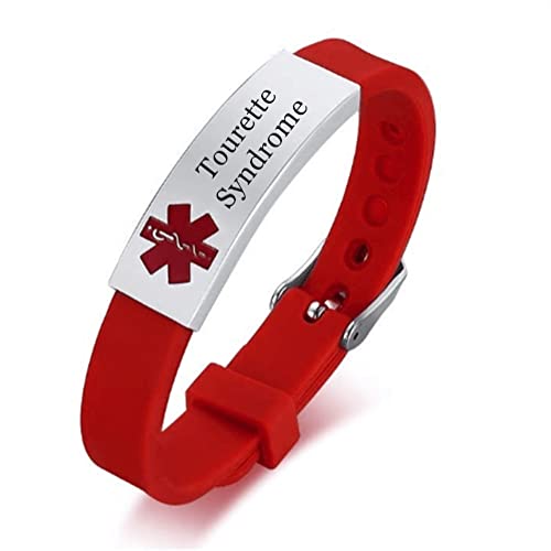 ForeverWill Einstellbares Tourette Syndrom Bewusstseins Armband, Personalisierter Medizinischer Alarm Tourette's Gesundheitszustand Namen Ice ID Silikon Armreif für Damen Herren, Rot von ForeverWill