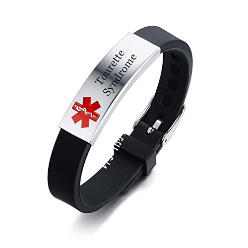 ForeverWill Einstellbares Tourette Syndrom Bewusstseins Armband, Personalisierter Medizinischer Alarm Tourette's Gesundheitszustand Namen Ice ID Silikon Armreif für Damen Herren, Schwarz von ForeverWill