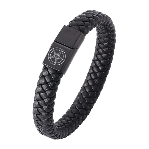 ForeverWill Satanisches Siegel des Satans Armband - Edelstahl Wickelleder Amulett Baphomet Umgekehrtes Pentagramm Ziegenschutz Symbolischer Magnetarmreif, Herren Satanas Talisman Armband, 20,5cm von ForeverWill