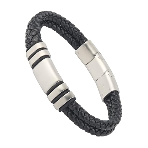Forge & Foundry Verstellbares schwarzes Lederarmband für Herren | echtes gewebtes Leder mit Edelstahl-Schnappverschluss | design-gelassen, handwerklicher Schmuck aus London | Doppelstrang, gebürsteter von Forge & Foundry