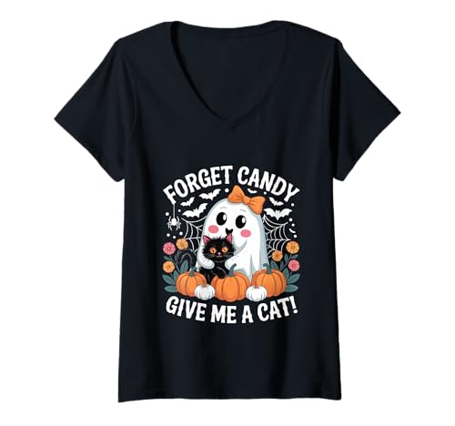 Damen Ghost Holding Black Cat Floral Vergiss Süßigkeiten Gib Mir eine Katze T-Shirt mit V-Ausschnitt von Forget Candy Give Me A Cat Ghost Holding Black Cat