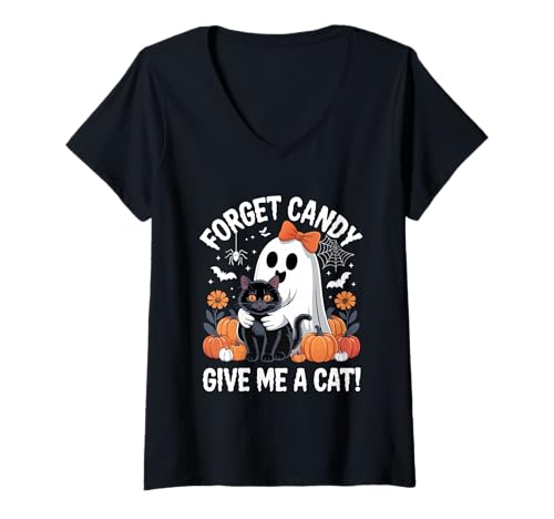 Damen Ghost Holding Black Cat Floral Vergiss Süßigkeiten Gib Mir eine Katze T-Shirt mit V-Ausschnitt von Forget Candy Give Me A Cat Ghost Holding Black Cat