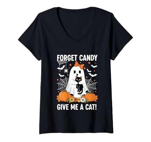 Damen Ghost Holding Black Cat Floral Vergiss Süßigkeiten Gib Mir eine Katze T-Shirt mit V-Ausschnitt Damen Ghost Holding Black Cat Floral Vergiss Süßigkeiten Gib Mir eine Katze T-Shirt mit V-Ausschnitt von Forget Candy Give Me A Cat Ghost Holding Black Cat