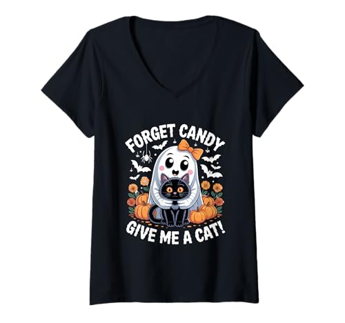 Damen Ghost Holding Black Cat Floral Vergiss Süßigkeiten Gib Mir eine Katze T-Shirt mit V-Ausschnitt von Forget Candy Give Me A Cat Ghost Holding Black Cat