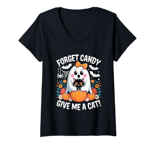 Damen Ghost Holding Black Cat Floral Vergiss Süßigkeiten Gib Mir eine Katze T-Shirt mit V-Ausschnitt Damen Ghost Holding Black Cat Floral Vergiss Süßigkeiten Gib Mir eine Katze T-Shirt mit V-Ausschnitt von Forget Candy Give Me A Cat Ghost Holding Black Cat