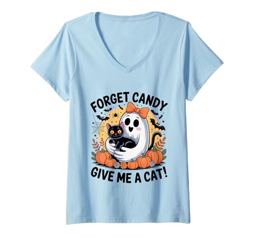 Damen Ghost Holding Black Cat Floral Vergiss Süßigkeiten Gib Mir eine Katze T-Shirt mit V-Ausschnitt Damen Ghost Holding Black Cat Floral Vergiss Süßigkeiten Gib Mir eine Katze T-Shirt mit V-Ausschnitt von Forget Candy Give Me A Cat Ghost Holding Black Cat