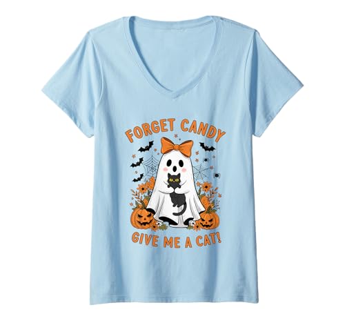 Damen Ghost Holding Black Cat Floral Vergiss Süßigkeiten Gib Mir eine Katze T-Shirt mit V-Ausschnitt Damen Ghost Holding Black Cat Floral Vergiss Süßigkeiten Gib Mir eine Katze T-Shirt mit V-Ausschnitt von Forget Candy Give Me A Cat Ghost Holding Black Cat