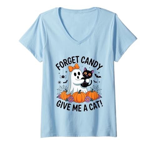 Damen Ghost Holding Black Cat Floral Vergiss Süßigkeiten Gib Mir eine Katze T-Shirt mit V-Ausschnitt Damen Ghost Holding Black Cat Floral Vergiss Süßigkeiten Gib Mir eine Katze T-Shirt mit V-Ausschnitt von Forget Candy Give Me A Cat Ghost Holding Black Cat