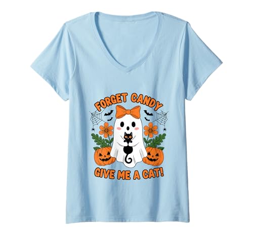 Damen Ghost Holding Black Cat Floral Vergiss Süßigkeiten Gib Mir eine Katze T-Shirt mit V-Ausschnitt Damen Ghost Holding Black Cat Floral Vergiss Süßigkeiten Gib Mir eine Katze T-Shirt mit V-Ausschnitt von Forget Candy Give Me A Cat Ghost Holding Black Cat