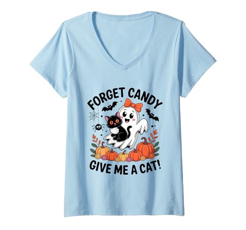 Damen Ghost Holding Black Cat Floral Vergiss Süßigkeiten Gib Mir eine Katze T-Shirt mit V-Ausschnitt Damen Ghost Holding Black Cat Floral Vergiss Süßigkeiten Gib Mir eine Katze T-Shirt mit V-Ausschnitt von Forget Candy Give Me A Cat Ghost Holding Black Cat