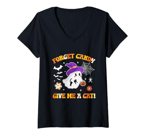 Damen Ghost Holding Black Cat Groovy Vergiss Süßigkeiten Gib Mir eine Katze T-Shirt mit V-Ausschnitt Damen Ghost Holding Black Cat Groovy Vergiss Süßigkeiten Gib Mir eine Katze T-Shirt mit V-Ausschnitt von Forget Candy Give Me A Cat Ghost Holding Black Cat