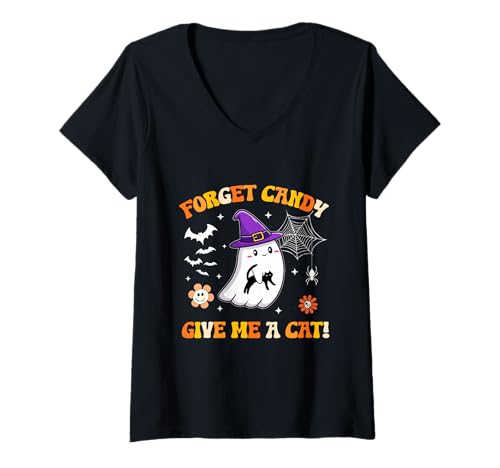 Damen Ghost Holding Black Cat Groovy Vergiss Süßigkeiten Gib Mir eine Katze T-Shirt mit V-Ausschnitt Damen Ghost Holding Black Cat Groovy Vergiss Süßigkeiten Gib Mir eine Katze T-Shirt mit V-Ausschnitt von Forget Candy Give Me A Cat Ghost Holding Black Cat