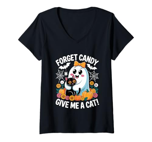 Damen Ghost Holding Black Cat Halloween Vergiss Süßigkeiten Gib Mir eine Katze T-Shirt mit V-Ausschnitt Damen Ghost Holding Black Cat Halloween Vergiss Süßigkeiten Gib Mir eine Katze T-Shirt mit V-Ausschnitt von Forget Candy Give Me A Cat Ghost Holding Black Cat